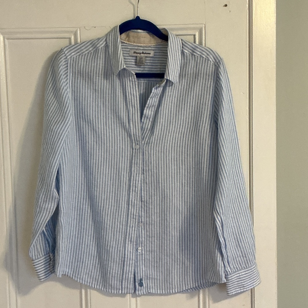 Tommy Bahama Light Blue and White Striped Shirt, worn once